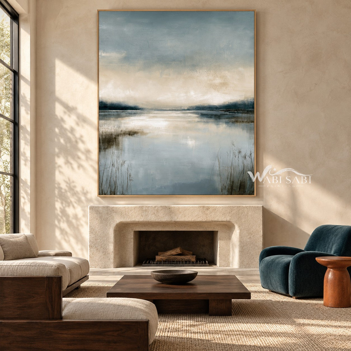 Misty Blue Lake with Reeds Wall Art shown above a fireplace.