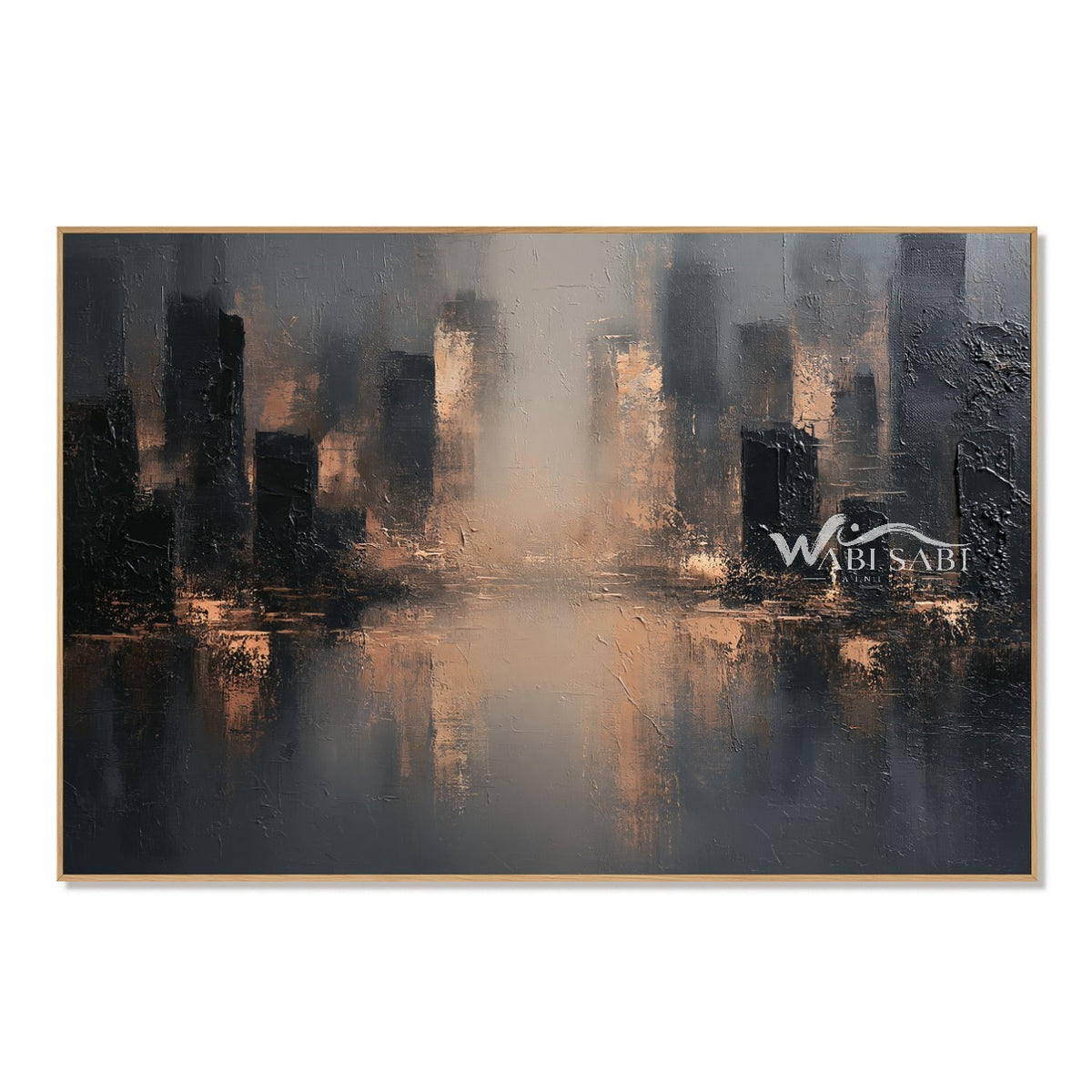 Misty Skyline with Amber Reflections Painting. Fine amber reflections on water.