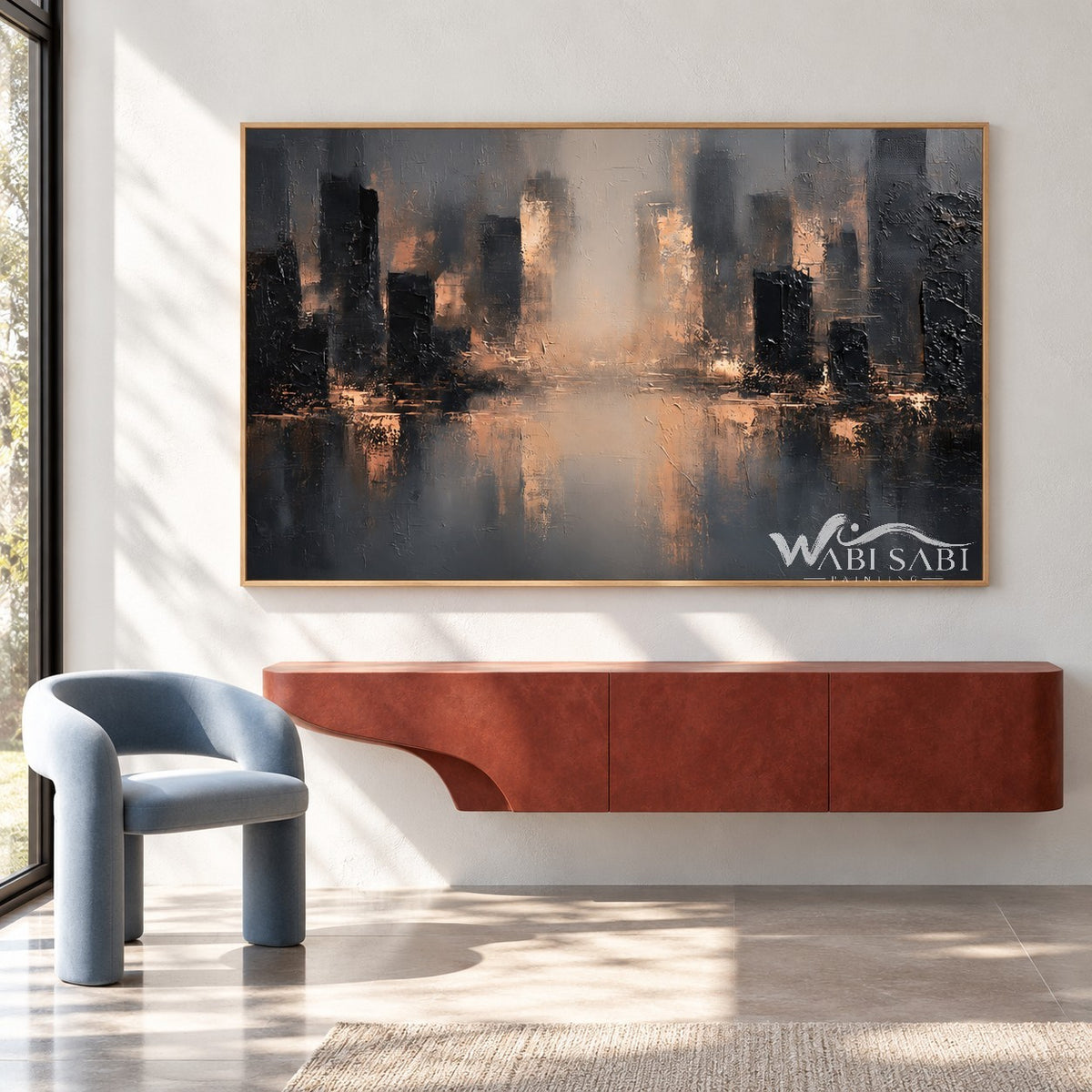 Misty Skyline with Amber Reflections Painting shown above a console.