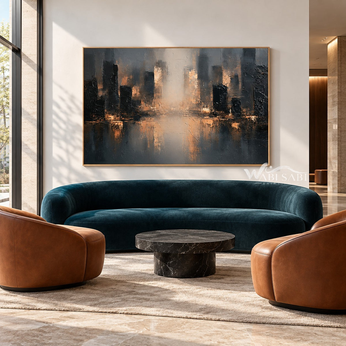 Misty Skyline with Amber Reflections Painting shown in a living room with a sofa.