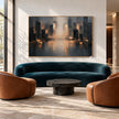 Misty Skyline with Amber Reflections Painting shown in a living room with a sofa.