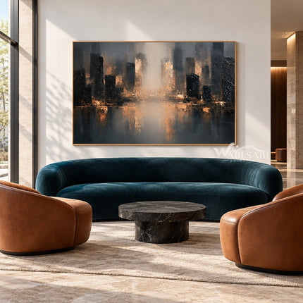 Misty Skyline with Amber Reflections Painting shown in a living room with a sofa.
