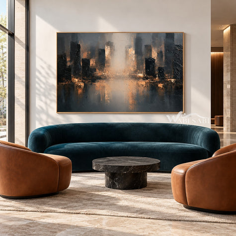 Misty Skyline with Amber Reflections Painting shown in a living room with a sofa.