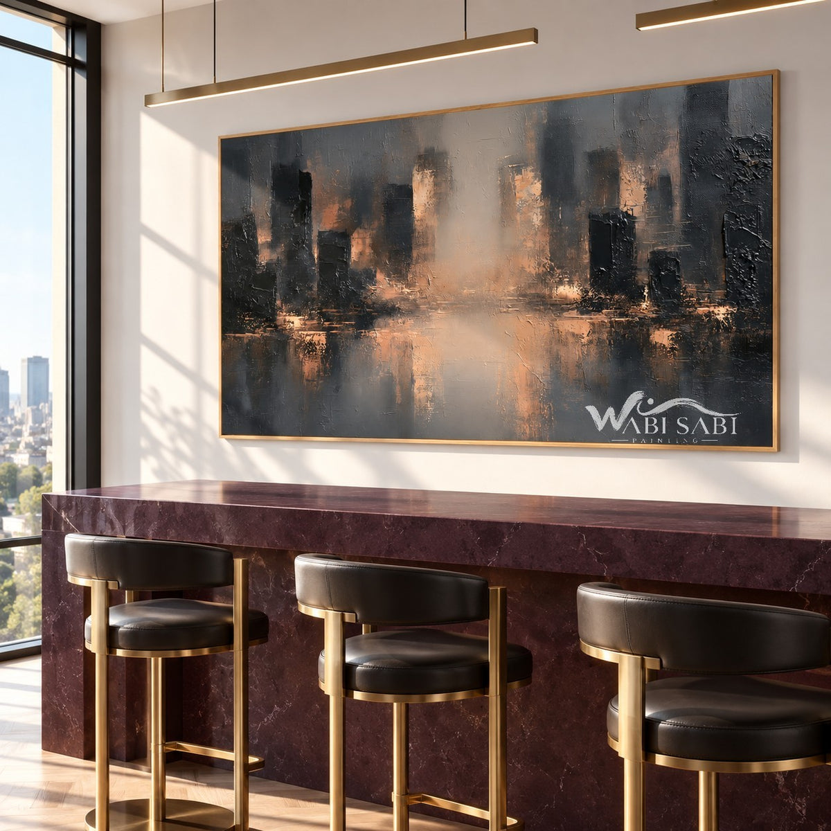 Misty Skyline with Amber Reflections Painting shown in a bar area.