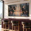 Misty Skyline with Amber Reflections Painting shown in a bar area.