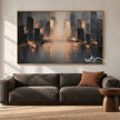 Misty Skyline with Amber Reflections Painting shown in a living room with a sofa.