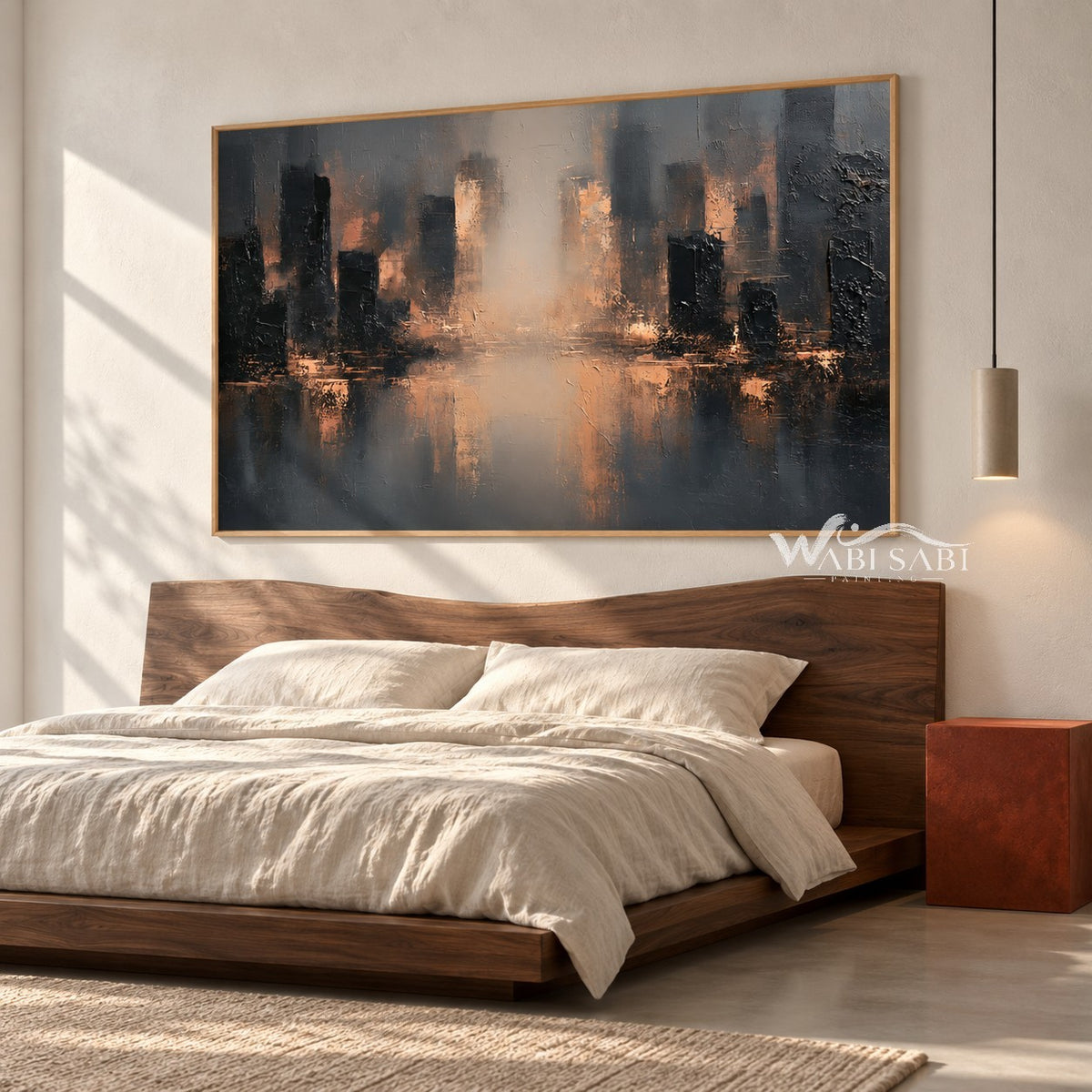Misty Skyline with Amber Reflections Painting shown in a bedroom.