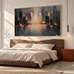 Misty Skyline with Amber Reflections Painting shown in a bedroom.