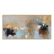 Muted Blue and Ochre Geometric Wall Art. Black blocks with small painted details.
