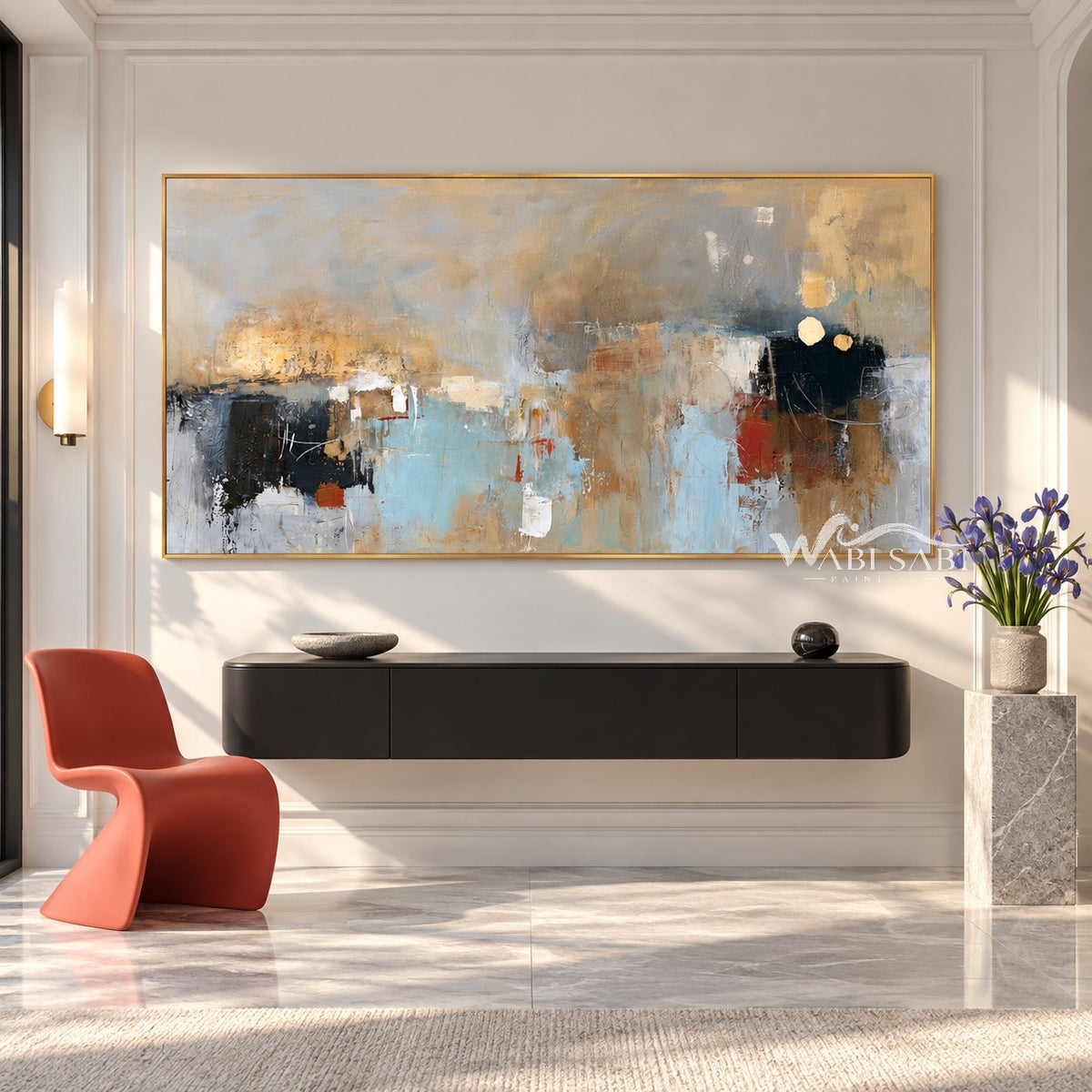 Muted Blue and Ochre Geometric Wall Art shown above a console.