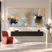 Muted Blue and Ochre Geometric Wall Art shown above a console.