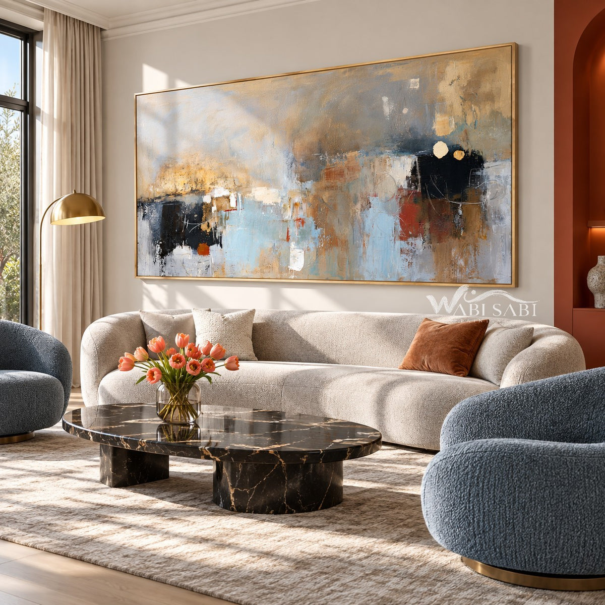Muted Blue and Ochre Geometric Wall Art shown in a living room with a sofa.