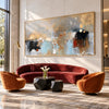 Muted Blue and Ochre Geometric Wall Art shown in a living room with a sofa.