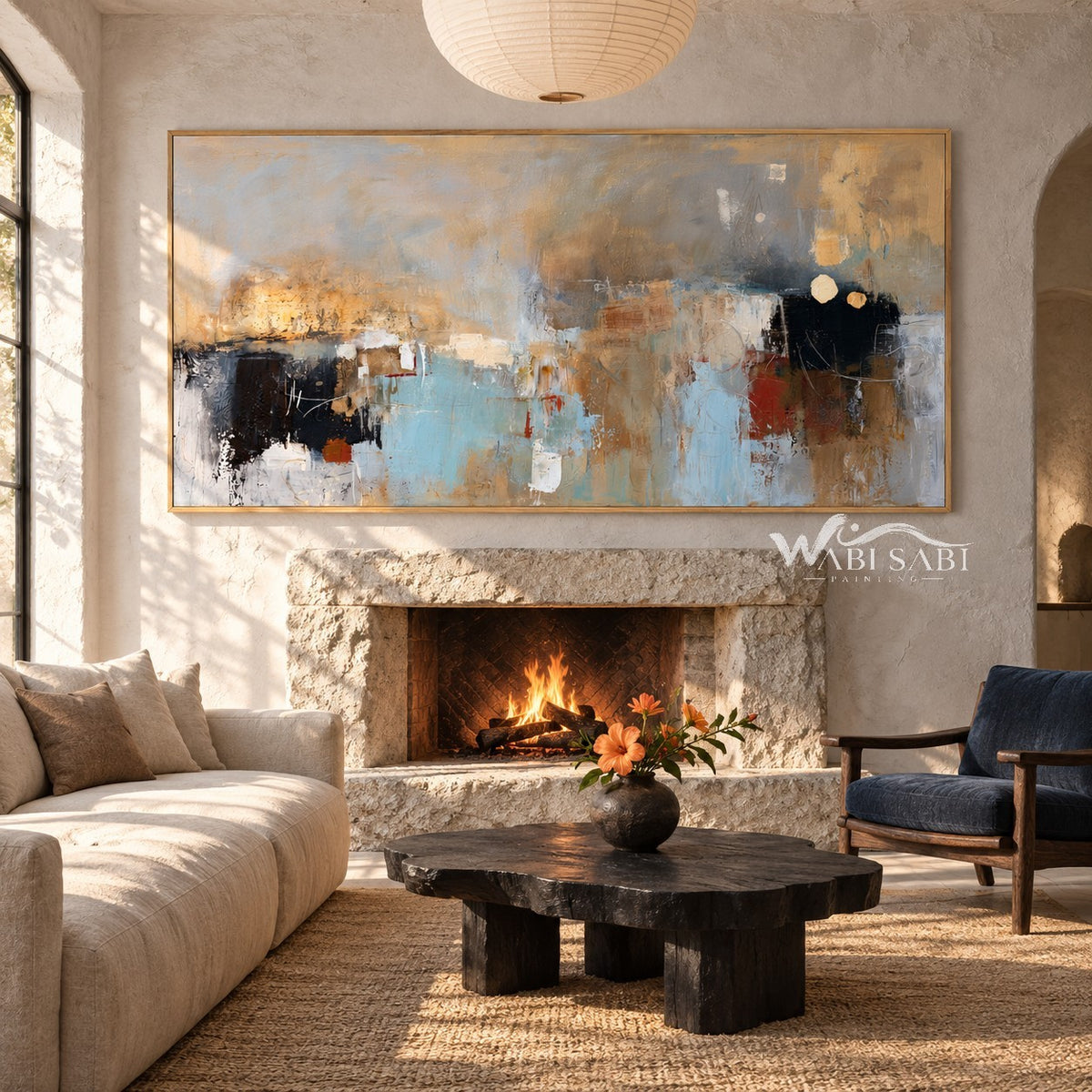 Muted Blue and Ochre Geometric Wall Art shown near a fireplace.