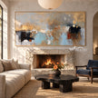 Muted Blue and Ochre Geometric Wall Art shown near a fireplace.