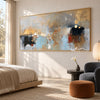 Muted Blue and Ochre Geometric Wall Art shown in a bedroom.