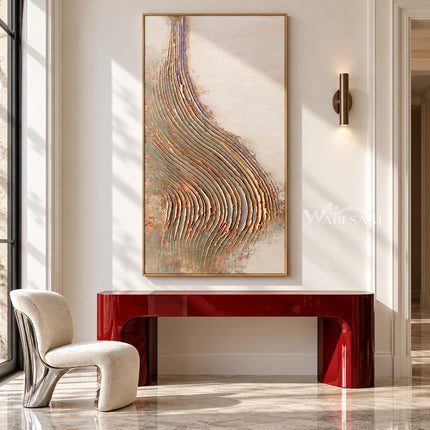 Narrow Pastel Curved Ridges Painting shown above a console.