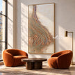 Narrow Pastel Curved Ridges Painting shown in a seating area.