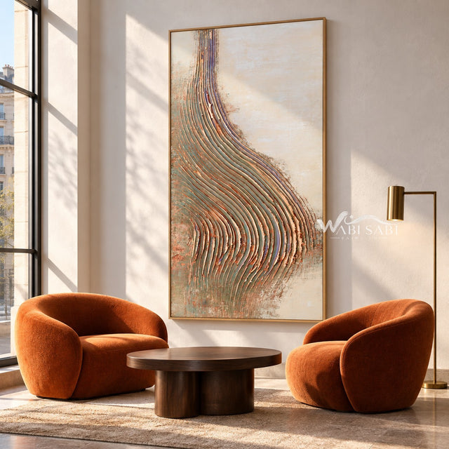 Narrow Pastel Curved Ridges Painting shown in a seating area.