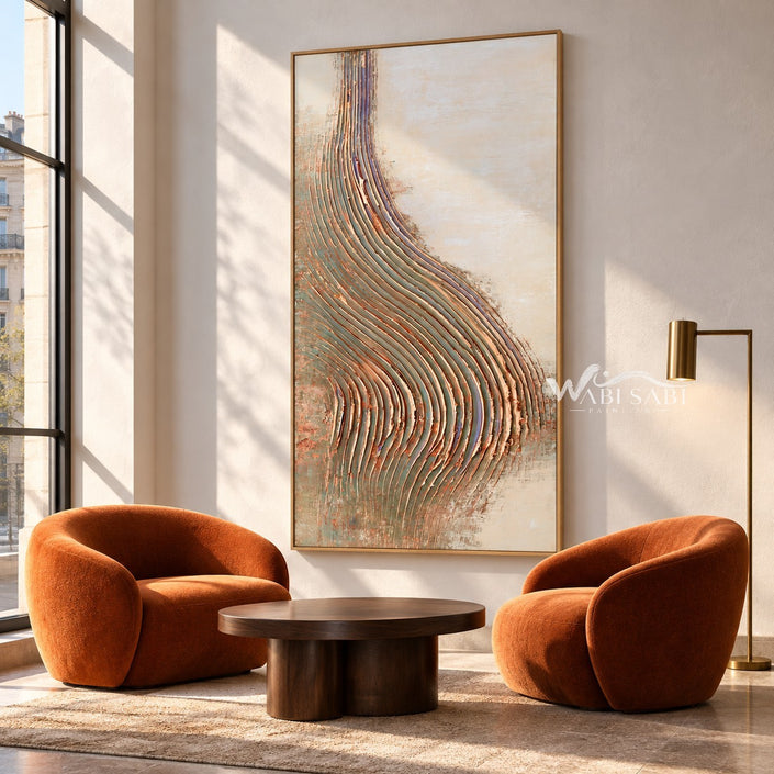 Narrow Pastel Curved Ridges Painting shown in a seating area.