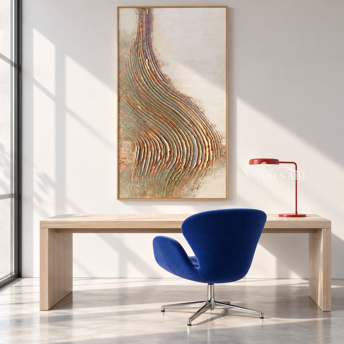 Narrow Pastel Curved Ridges Painting shown in a workspace.