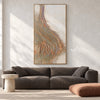 Narrow Pastel Curved Ridges Painting shown in a living room with a sofa.