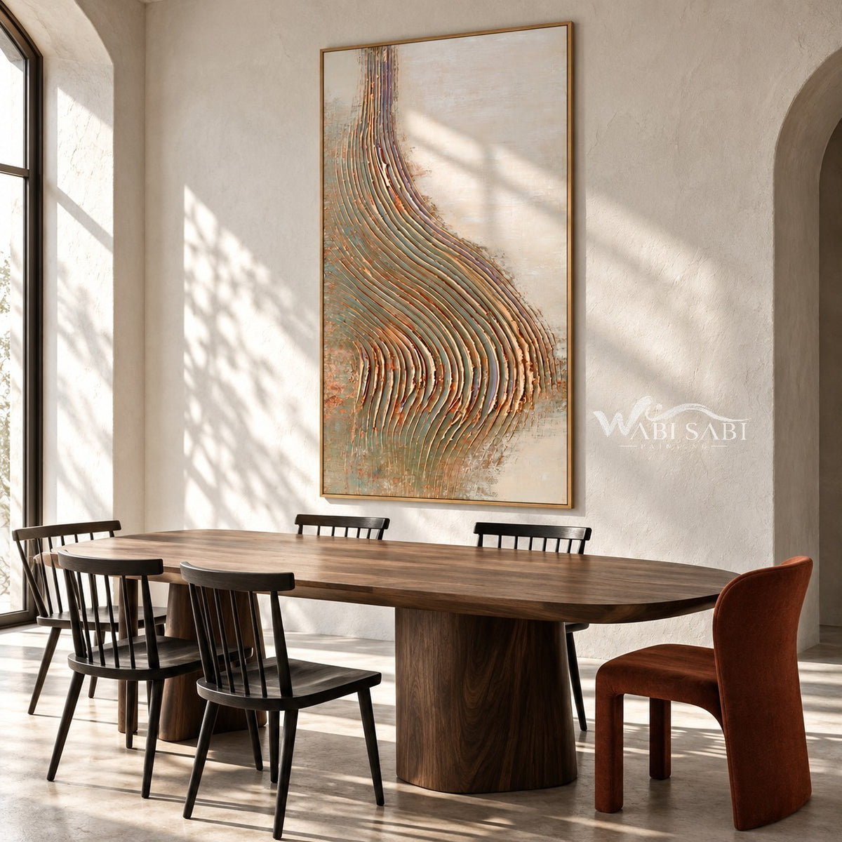 Narrow Pastel Curved Ridges Painting shown in a dining area.