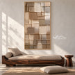 Narrow Stacked Neutral Blocks Wall Art shown above a bench.
