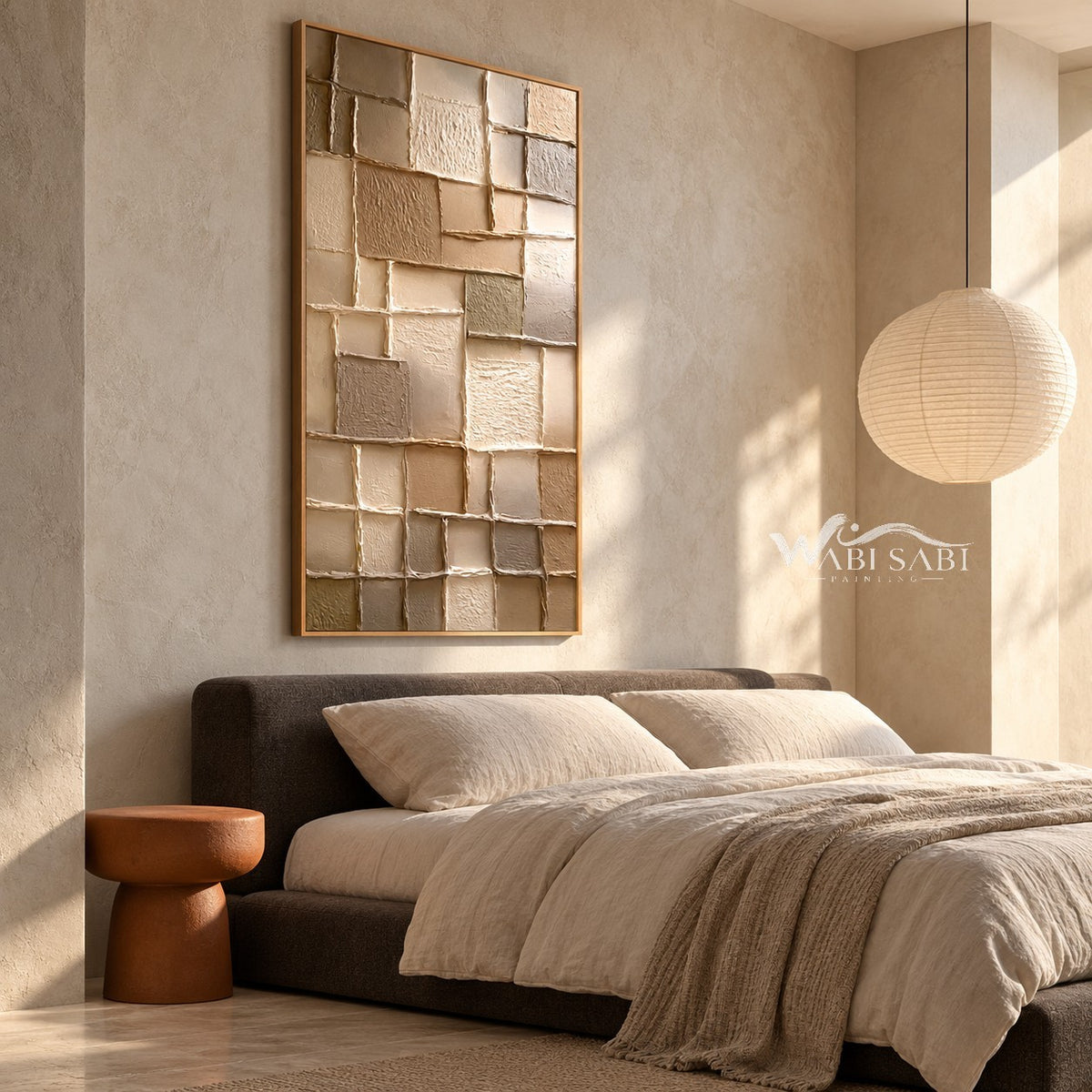 Narrow Stacked Neutral Blocks Wall Art shown in a bedroom.