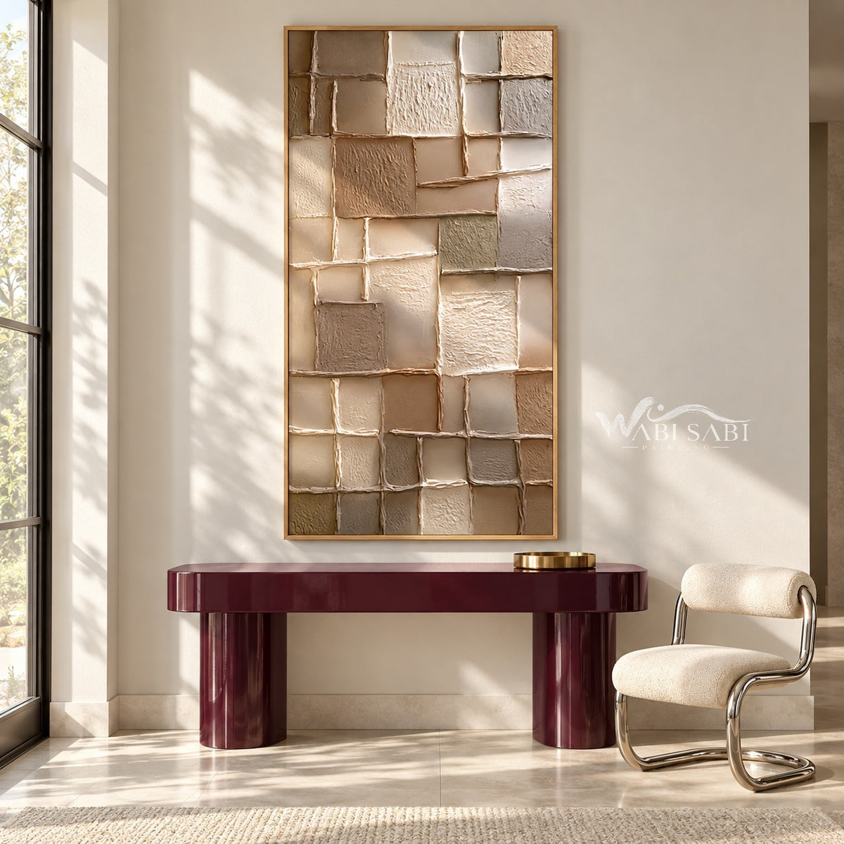 Narrow Stacked Neutral Blocks Wall Art shown above a console.
