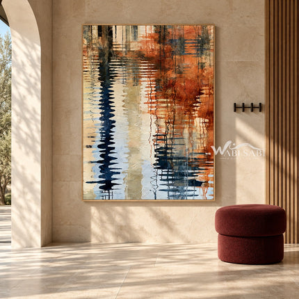Navy Ripple Column and Copper Reflections Wall Art shown in an entryway beside a curtain.