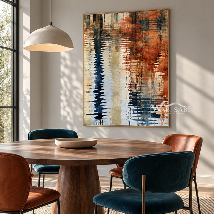 Navy Ripple Column and Copper Reflections Wall Art shown above a dining table.