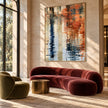 Navy Ripple Column and Copper Reflections Wall Art shown above a burgundy sofa.