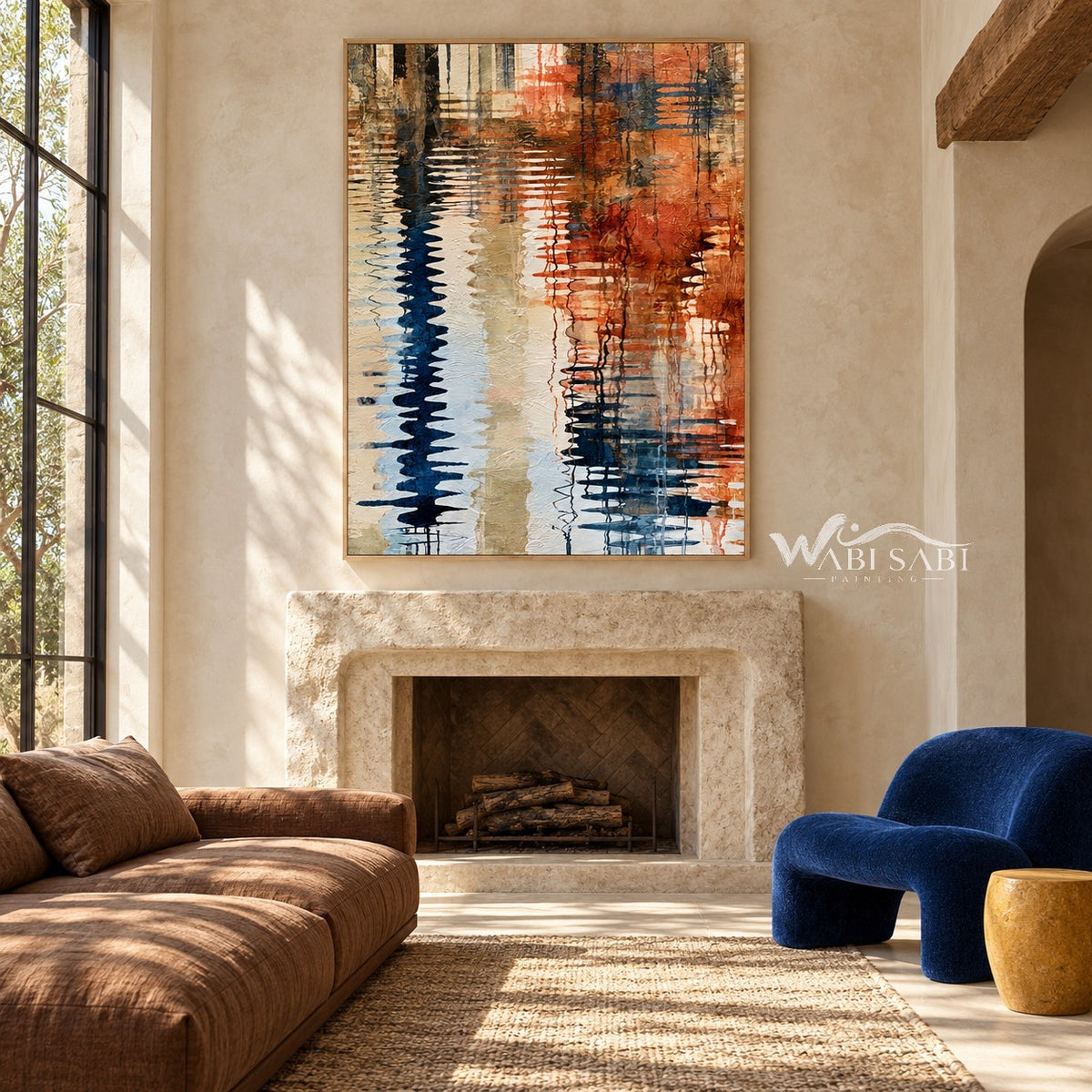 Navy Ripple Column and Copper Reflections Wall Art shown above a fireplace.