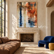 Navy Ripple Column and Copper Reflections Wall Art shown above a fireplace.