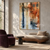 Navy Ripple Column and Copper Reflections Wall Art shown above a bed with neutral bedding.