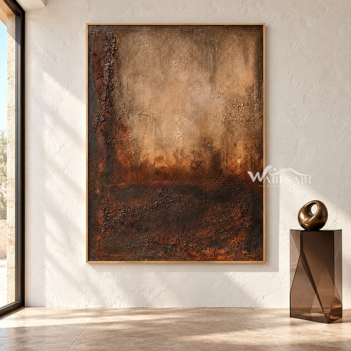 Ochre Afterglow Textured Painting shown in an open interior.