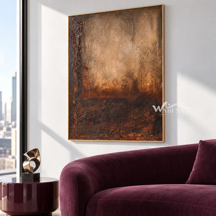 Ochre Afterglow Textured Painting shown above a sofa.