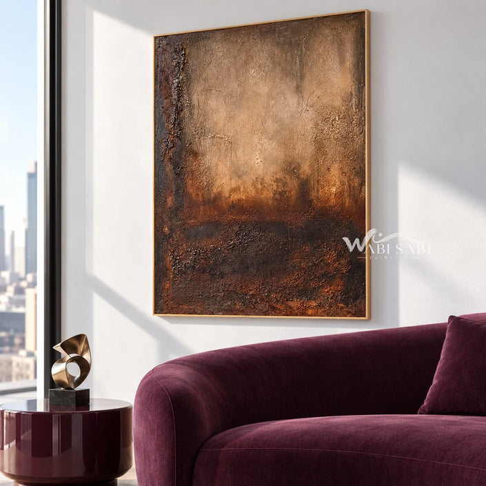 Ochre Afterglow Textured Painting shown above a sofa.