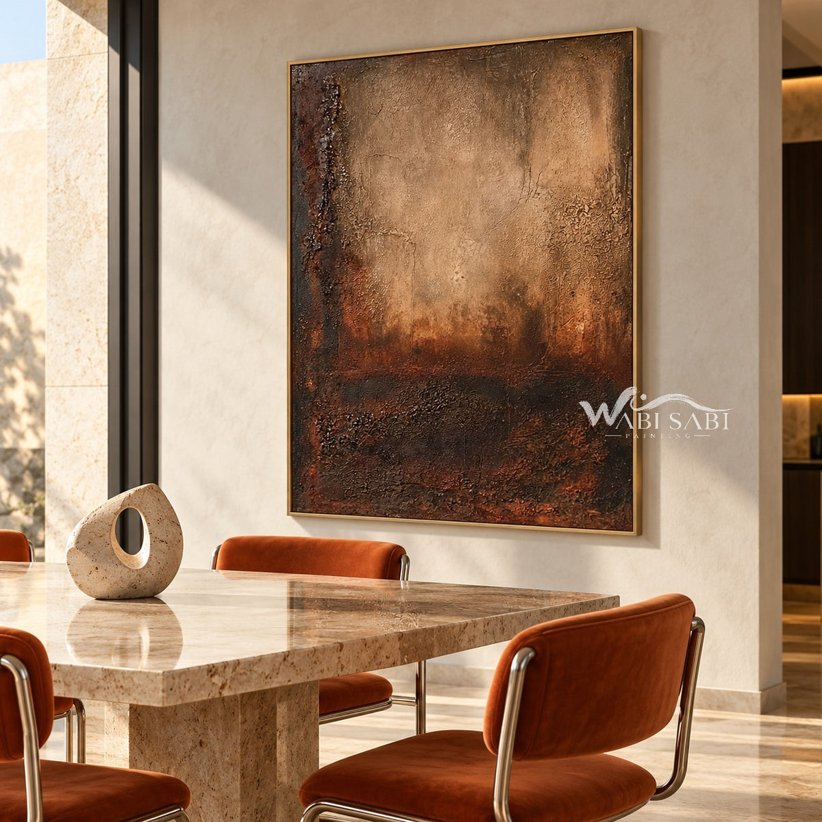 Ochre Afterglow Textured Painting shown in a dining area.