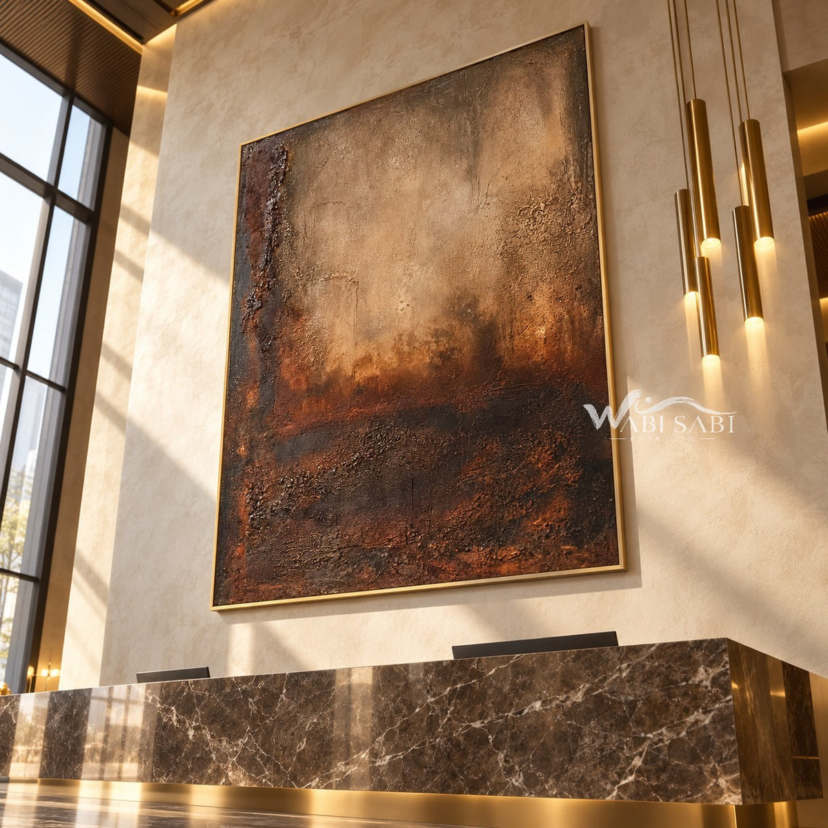 Ochre Afterglow Textured Painting shown above a console.