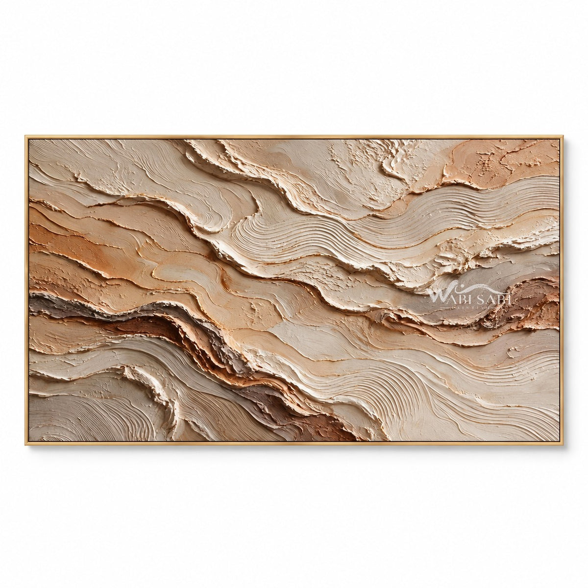 Ochre and ivory bands in ochre, ivory, brown. Dark brown lower-left passage.