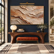 Ochre and Ivory Layered Landscape Wall Art shown above a console and orange bench.