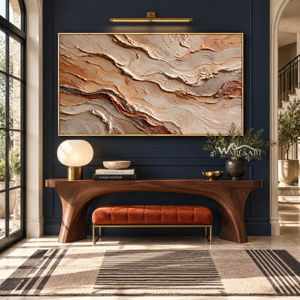 Ochre and Ivory Layered Landscape Wall Art shown above a console and orange bench.