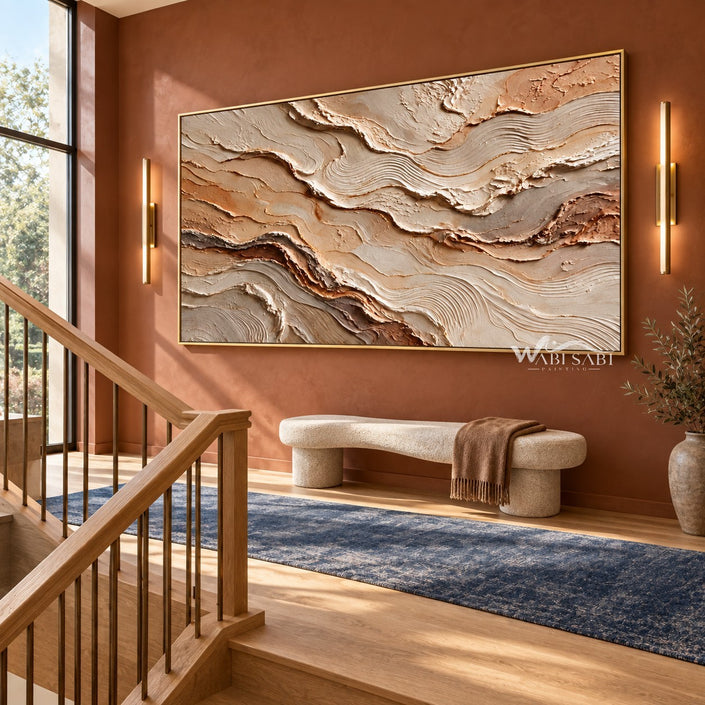 Ochre and Ivory Layered Landscape Wall Art shown beside a staircase.
