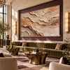 Ochre and Ivory Layered Landscape Wall Art shown above a green sofa.