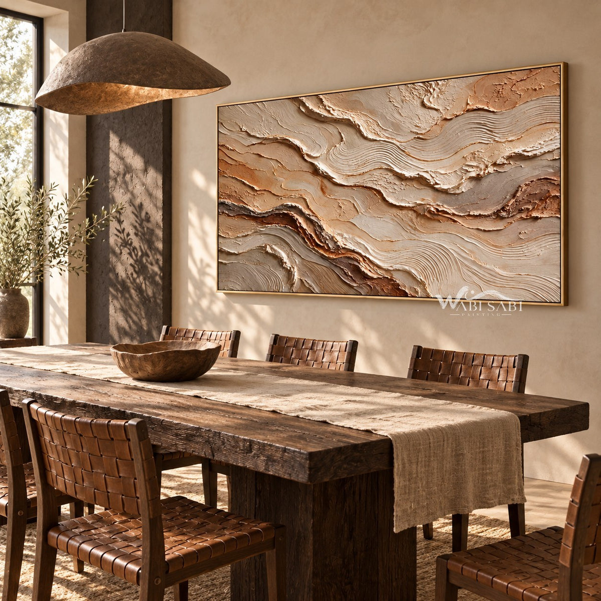 Ochre and Ivory Layered Landscape Wall Art shown behind a dining table.