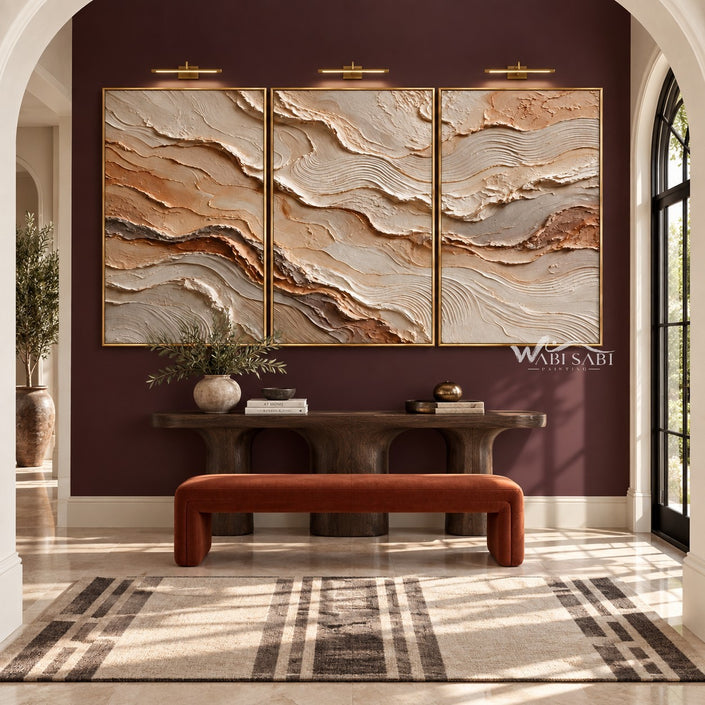 Ochre and Ivory Strata Triptych Wall Art shown above a console and bench.