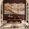Ochre and Ivory Strata Triptych Wall Art shown above a console and bench.