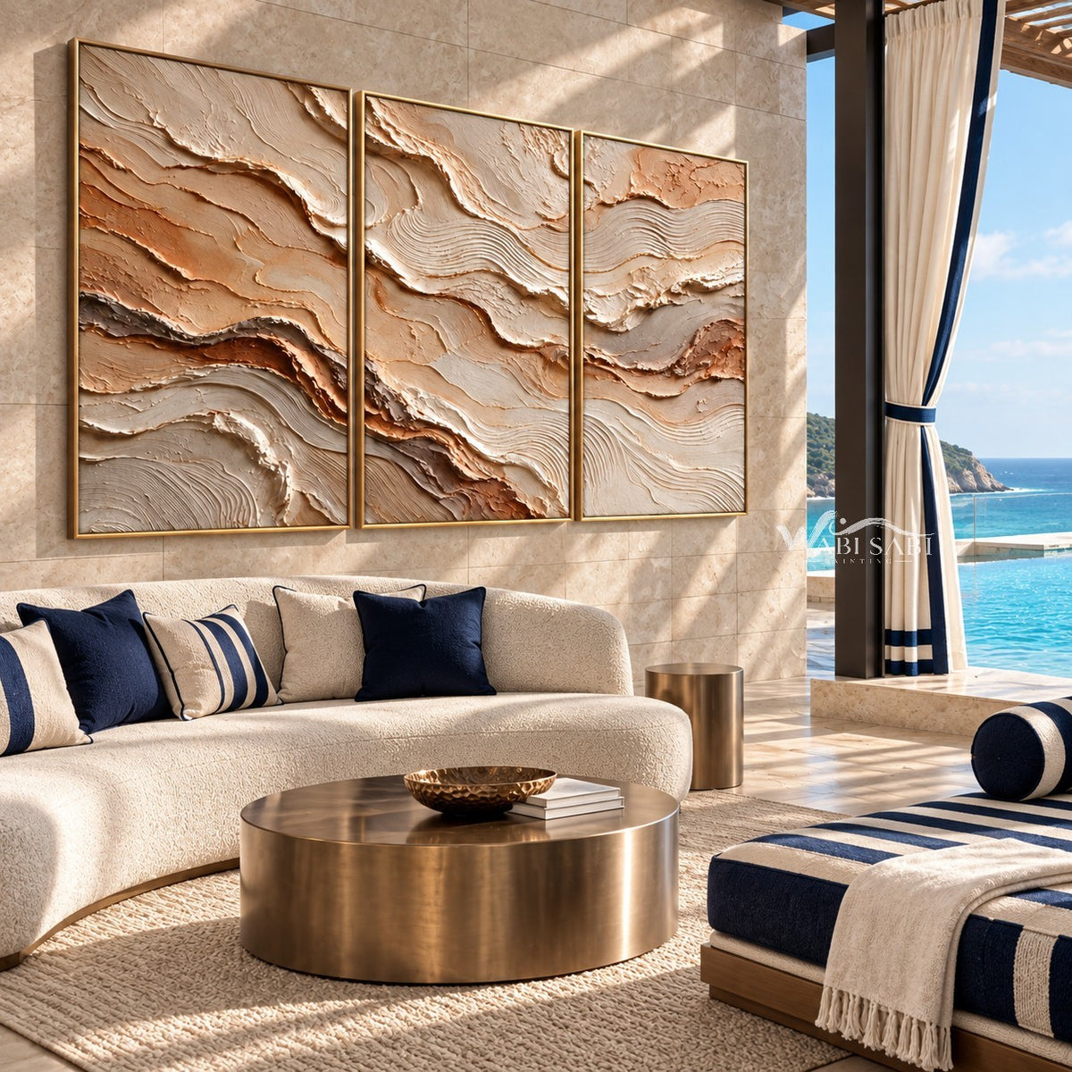 Ochre and Ivory Strata Triptych Wall Art shown above a cream sofa.